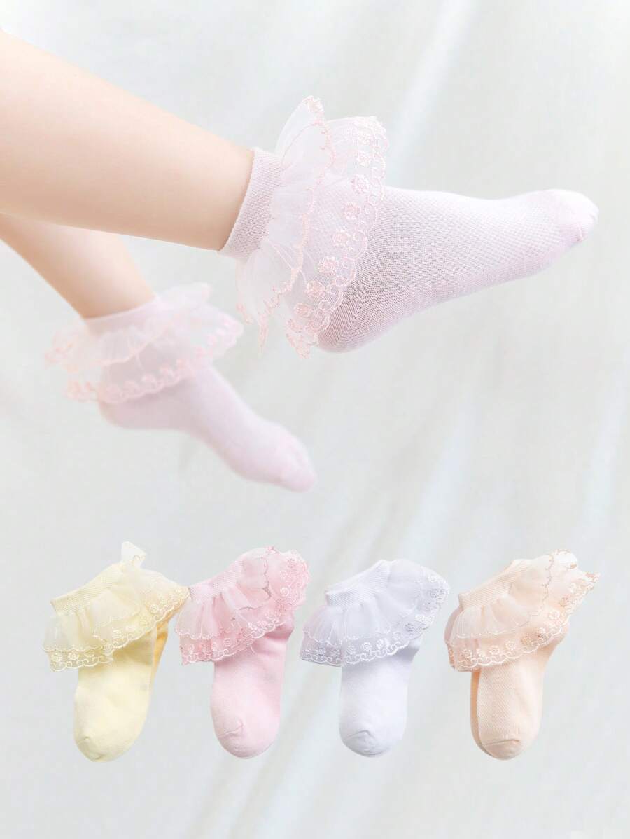 1/3/4 双网眼蕾丝荷叶边中筒袜，百搭简约设计，适合学生、舞蹈、公主