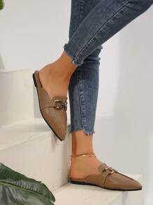 2025 Autumn Women's Pointed Toe Slip-On Mule Shoes With Metal Buckle Decor, Beige Loafers For Four Seasons, Elegant And Versatile, Closed-Toe Backless Flat Shoes - Khaki - View 6