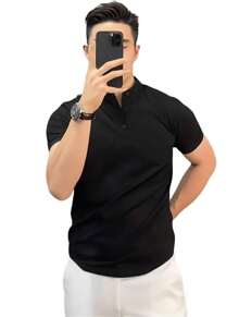 Men's 3 Button Henley T-Shirt With Priest Collar Slim Cotton Premium Portuguese Priest Collar Polo Shirt - 黑色 - 查看 2