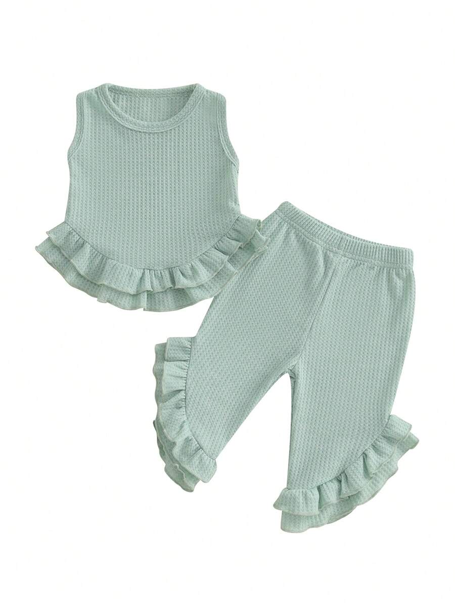 Toddler Girl Summer Outfits Solid Waffle Round Neck Ruffled Tank Tops With Long Pants 2 Pcs Set - Green - View 1
