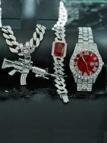 طقم مجوهرات شخصي للرجال من سبائك المعادن مرصع بالراين ستون 3D على شكل بندقية، قلادة، سوار، ساعة هدية، ملحقات أنيقة على الطراز الأوروبي والأمريكي لموسيقى الهيب هوب، علبة هدايا فاخرة