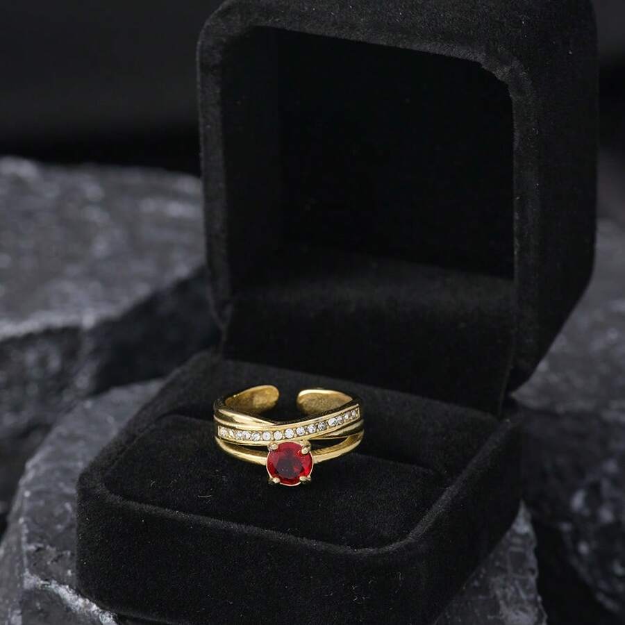 1pc Classic Luxury Stainless Steel Jewelry With Cubic Zirconia, Titanium Steel Ladies' Wedding Ring With Gift Box, Suitable For Gifts, Parties And Weddings - Model (with Gift Box) - View 1