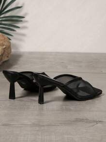 方头黑色夏季新款网眼透气露趾高跟凉鞋，百搭简约女士细高跟凉鞋，户外穿着