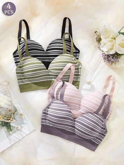 4PCS Women's Solid Color Seamless Lace Lingerie Bra Underwear, Adjustable Back Button, Fixed Stereo Cup, Comfortable Sports Lingerie Bra Without Rims.