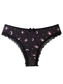 4 Pieces [Star Moon Series] Sexy Gothic Fashion Mid-Waist Women's Panties, Printed With Star, Moon Pattern Comfortable Panties