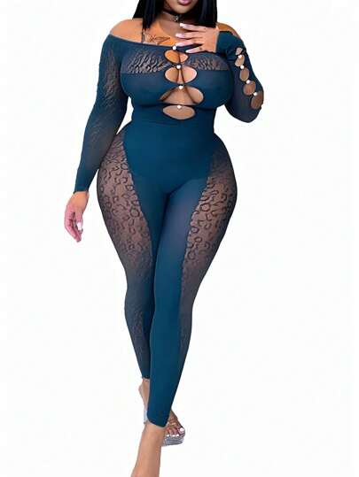 Pearl Leopard Print Sexy Mesh Hollow-Out Pearl Decor Tight Fit Long Sleeve Jumpsuit