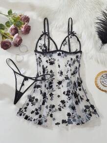 Set de 2 piezas de lencería sexy para mujer con cierre delantero de malla y diseño floral, adecuado para el Día de San Valentín, citas, fiestas festivas