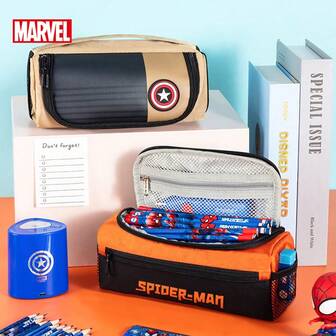 Disney Estuche de lápices para niños de gran capacidad, simple, con diseño de Marvel, de lona japonesa, de múltiples capas, para estudiantes de primaria, secundaria y preparatoria, multifuncional y portátil