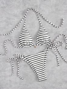 Bộ bikini nữ, họa tiết sọc đen trắng phong cách Bohemian dễ thương, thích hợp cho kỳ nghỉ, trang phục đi biển thanh lịch thường ngày, phù hợp cho dịp năm mới, Lễ tình nhân/kỳ nghỉ, lễ hội âm nhạc và trang phục đi biển/hồ bơi mùa xuân/hè 2026. - màu đen - Xem 7