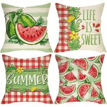 4 件装夏季西瓜装饰枕套，生活甜蜜红绿格纹门廊户外家居装饰，花卉农舍季节性沙发靠垫套，单面无枕芯 - 彩色 - 查看 1
