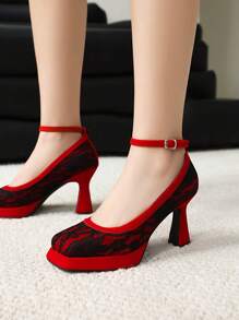 女士封闭式鞋头蕾丝花朵优雅哥特式高跟鞋甜美踝扣厚底高跟鞋