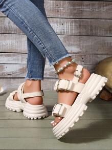 Women Thick Sole Sandals, Casual Buckle Summer Sandals, Comfortable Flat Sandals, Platform Wedge Sandals, Versatile Casual Women Sandals, Black & White Sandals, Beach Sandals For Women