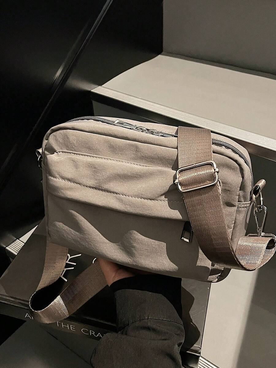 Minimalist Square Crossbody Bag, Solid Black Color, Adjustable Shoulder Strap, Men's Messenger Bag - Grey - View 1