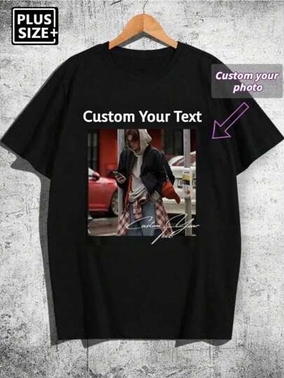 Plus Size Customized Text/Photo Men's Black T-Shirt, Input Your Photo/Text, Holiday Gift, Valentine's Day/Birthday/Anniversary Custom Text, Team Building, Music Festival, Gift For Him, Party,Suitable All Seasons Ornamental, Stylish,Fashion,Hipster,Contracted,Easy Costume,Modest Fashion,Minimal Chic,Casual Custom,Unique,Personalized Ideal Gifts For Him Family,Boyfriend,Friends,Children For Anniversaries,For Birthdays,For Holiday/Vacation