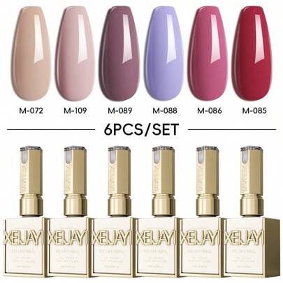 XEIJAYI Conjunto de 6 Esmaltes em Gel XEJAYI Rosa e Roxo, Gel de Unhas UV/LED de Imersão, Semi-Permanente, Gel para Unhas de Qualidade Profissional para Unhas de Primavera e Verão.