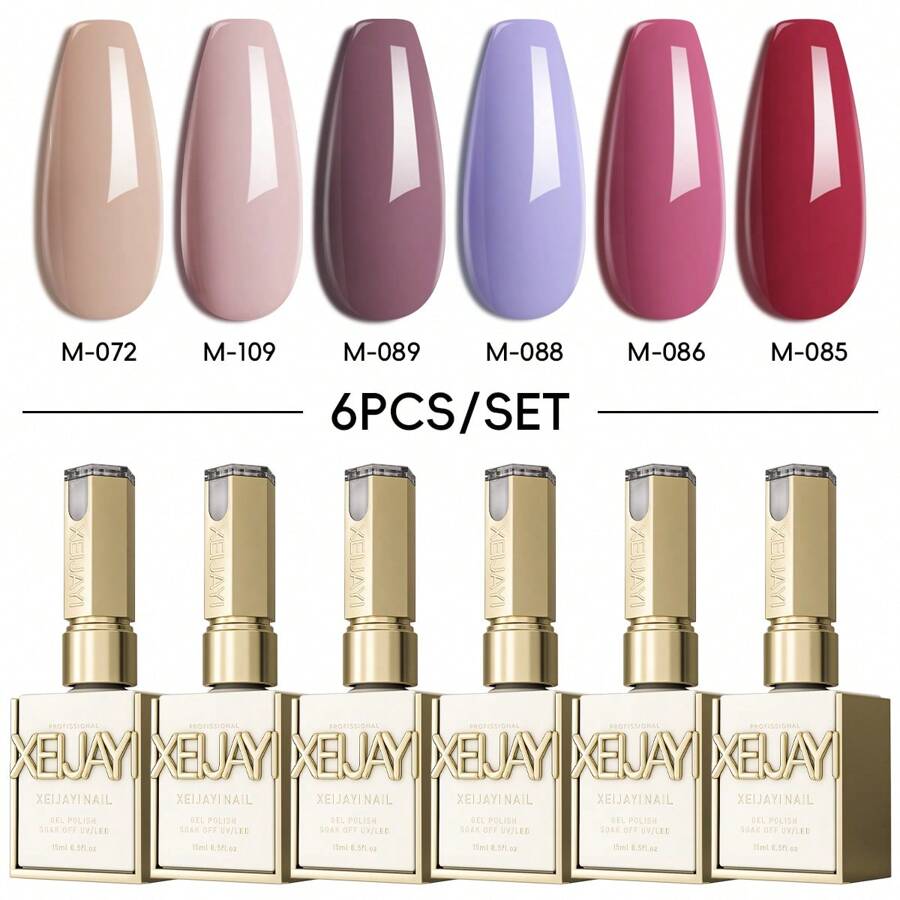 XEIJAYI XEJAYI 6-Color Pink Purple Gel Nail Polish Set, UV LED Soaking Nail Gel, Semi-Permanent, DIY Salon Quality Nail Art Gel For Spring And Summer - 彩色 - 查看 1