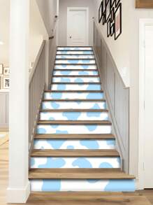 7/14/21pcs Black & Blue Cow Print Stair Stickers, Self-Adhesive Thick Removable DIY Stair Tread Decals, Suitable For Kids Room, Nursery, Activity Room Stairs Decoration, Renovation, Size: 6.97*41.73inch