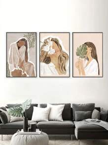 3 件套无框帆布墙面艺术拉伸，美丽女孩抽象海报适用于家庭客厅办公室装饰