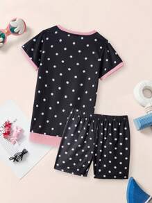 2pcs/Set Girls Snug Fit Pajamas Set, Crew Neck Cute Sleeping Cat Print Short Sleeve & Shorts, Comfortable Casual Sleepwear Suit For Summer - Black - View 2