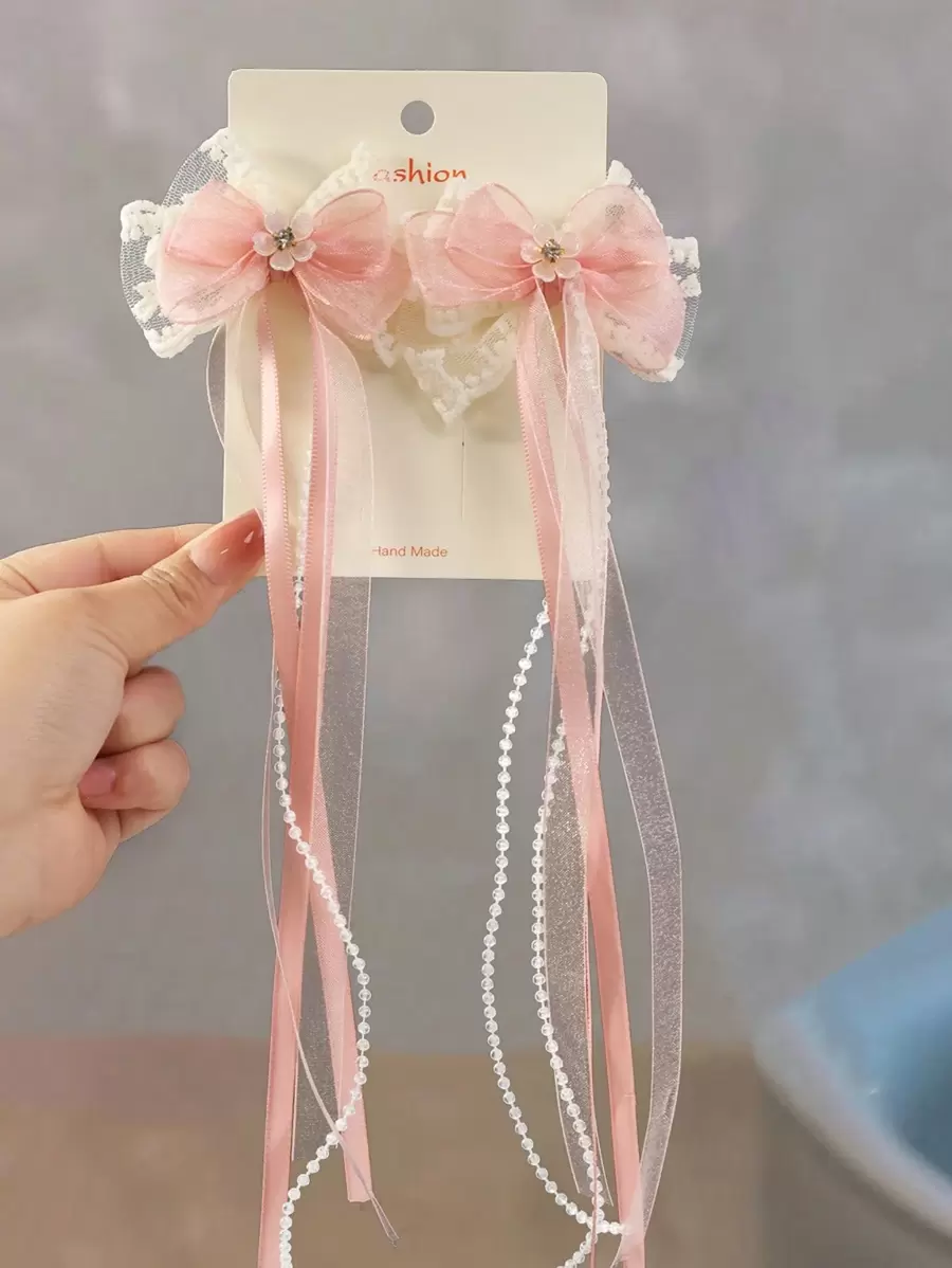 2pcs/Set Girls Elegant & Cute Netted Lace Crystal Ombr Butterfly Hair Clips - Pink - View 1