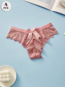 4PCS Sexy Lace Thongs Bow Women's Underwear Transparent Elastic G-String Solid Color Casual Panties For Women Soft And Light T-Back Black Pink White Lingerie Low Waist Tangas Fashionable Briefs - Multicolor - View 10