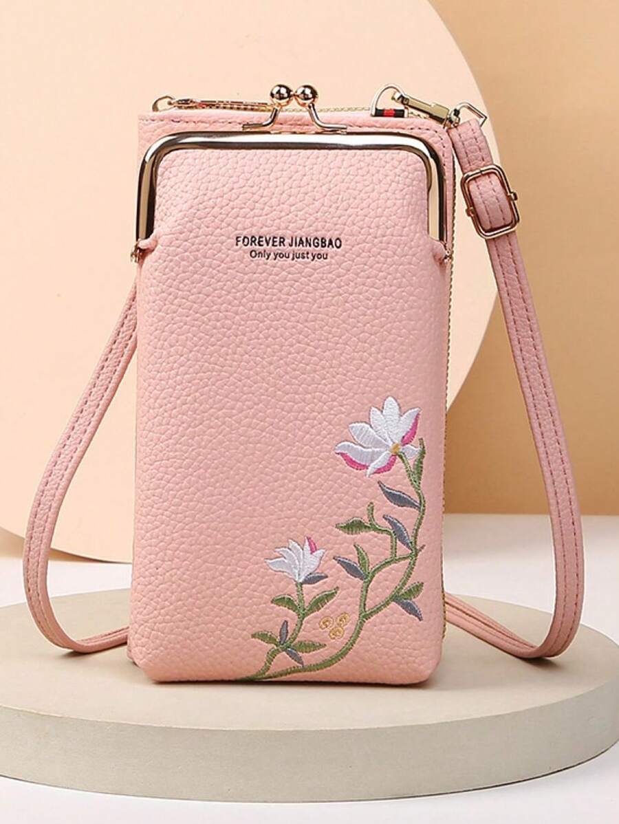 Lotus Embroidery Shoulder Messenger Bag Phone Pouch Wallet Purse Wallet Phone Bag For Women Wallet