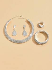 5 件多层新娘首饰套装 - 颈链、手链、耳环、流苏耳环、婚礼视频 - 彩色 - 查看 4