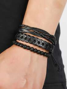 6pcs Vintage Black Woven Leather Bracelet DIY Combination Set For Men