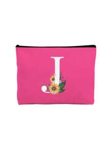 首字母印花拼布女士化妆包 玫红色小包 化妆包 便携洗漱包 教师节礼物 可重复使用化妆包 带雏菊白色字母印花 女士简约大容量旅行化妆包