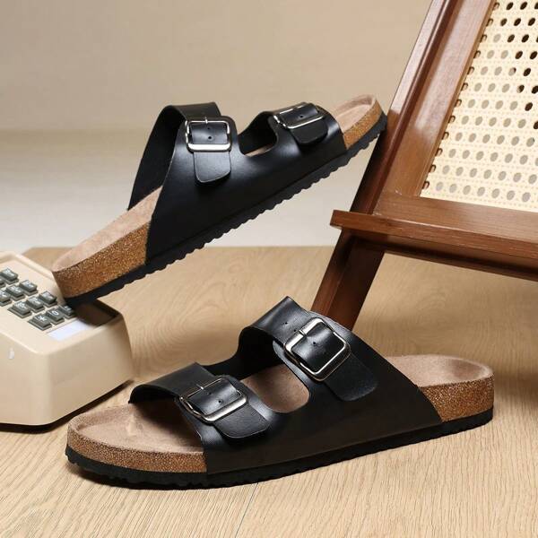 Novas sandálias de cortiça macia, sapatos casuais unissex sem cadarço, chinelos rasos de cortiça com fivela ajustável, sapatos de praia para casais, calçados casuais plus size para casa e atividades ao ar livre