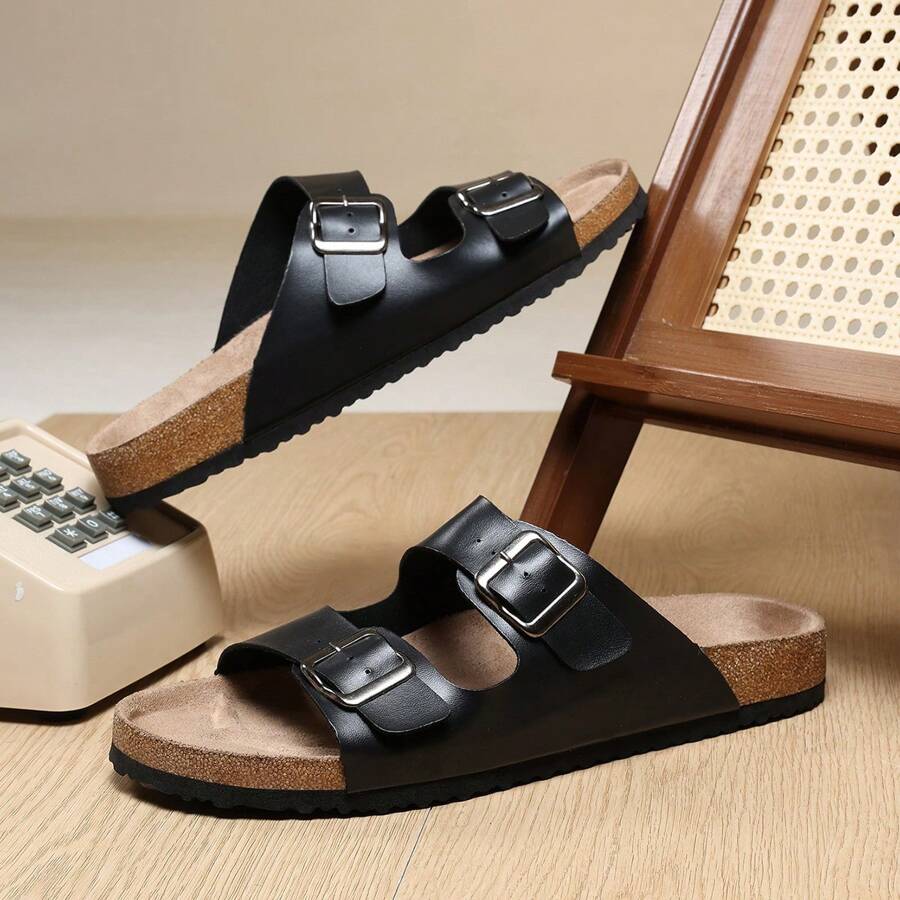 New Soft Cork Slippers Sandals, Unisex Casual Slip-On Shoes, Adjustable Buckle Flat Cork Slippers, Couples Beach Shoes, Plus Size Home & Outdoor Casual Footwear - Black - View 1