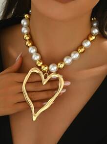 1 件手工制作粗仿珍珠串珠项链，空心心形吊坠毛衣链，时尚珠宝，女性必备配饰，完美的母亲节礼物