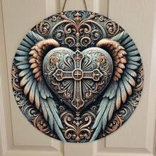 8"X8" Vintage Engelenvleugels & Kruis Decor Plaquette, Houten Wandkunst Geschikt Voor Thuis, Boerderij, Veranda, Slaapkamer, Perfect Vakantiecadeau, Willekeurig Gat Ontwerp