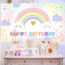 1pc Rainbow Birthday Backdrop, Rainbow Cloud Happy Birthday Party Decoration Banner, Perfect For Birthday Party, Shower, Photo Booth Photography Props Decoration, Rainbow Theme Party Backdrop - Multicolor - View 3