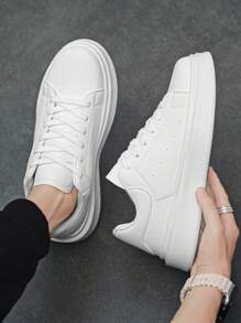 男士简约白色PU拼接系带休闲运动鞋，舒适百搭，适合日常通勤、户外运动，四季皆宜，可搭配运动牛仔裤。 - 白色 - 查看 7