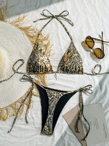 Summer Beach Old Money Euro Western Retro Leopard Print Halter Triangle Top And Side Knot Tie Bikini Swimwear Set