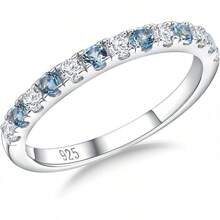 Birthstone Rings Eternity Band 925 Sterling Silver/Yellow Gold Created Gemstone Stackable Wedding Band Half Eternity Rings For Women Size 6 To 102025 - 12月/創作藍色黃玉 - 查看 1