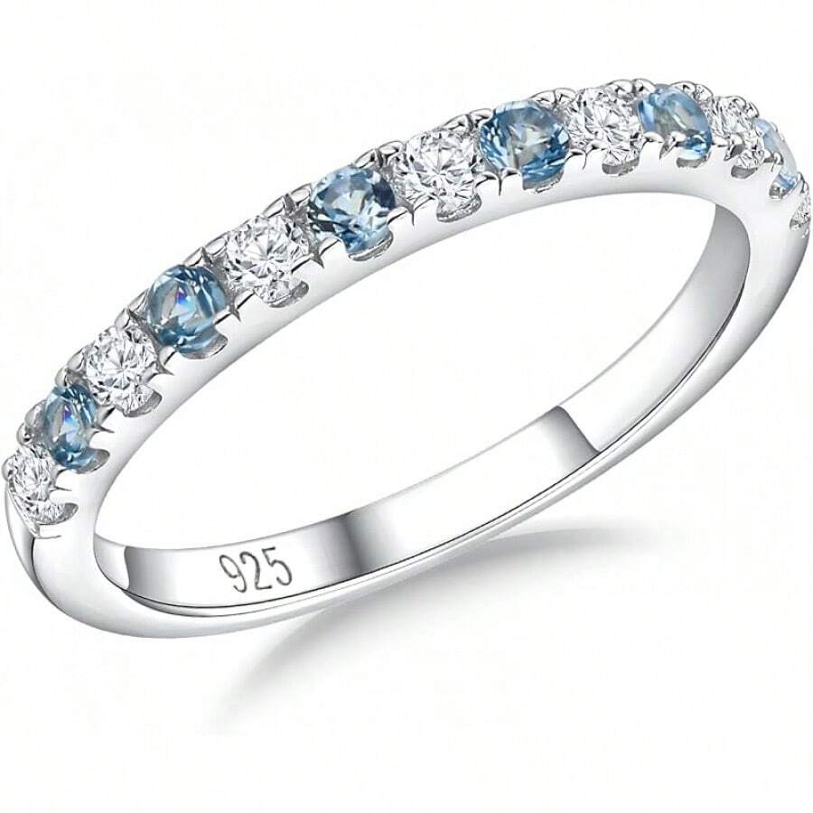 Birthstone Rings Eternity Band 925 Sterling Silver/Yellow Gold Created Gemstone Stackable Wedding Band Half Eternity Rings For Women Size 6 To 102025 - 12月/創作藍色黃玉 - 查看 1