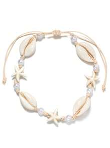 1 pieza Tobillera de estilo bohemio y playero con estrella de mar de turquesa y perlas falsas, tejida e impermeable, adecuada para mujeres de vacaciones