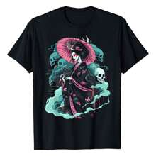 Japanese Goth Geisha, Otaku Gothic Anime Art Fashion #39 T-Shirt Casual Fashion T-Shirts For Both Sexes - 黑色 - 查看 1