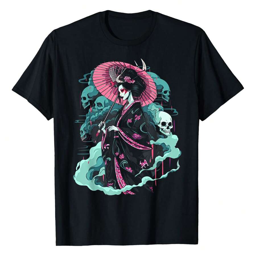 Japanese Goth Geisha, Otaku Gothic Anime Art Fashion #39 T-Shirt Casual Fashion T-Shirts For Both Sexes - 黑色 - 查看 1