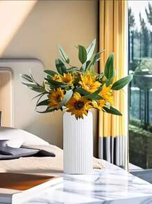 1pc Modern Style White Striped Plastic Vase - Ceramic Vase Imitation, Suitable For Fresh Flowers And Home Decor, Perfect Choice For Home And Cafe Decor, Striped Design, Simple Decorative Flower Arranging Item, Living Room