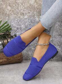 Women's Knit Flat Square Toe Loafer Shoes, Comfortable Breathable Casual Mom Shoes For Spring & Autumn