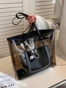 春夏新款海滩度假透明 PVC 手提包配小包和饰品套装，女士单肩包，非常适合音乐节和度假 - 黑色 - 查看 3