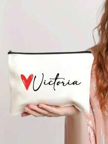 Bolsa de maquillaje personalizada con estampado de corazón, neceser de viaje con nombre personalizado, organizador de cosméticos sin olor, unisex adulto, beige, impresión de posicionamiento - Beis - Ver 5