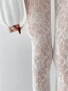 1pc New Vintage Sexy Stockings, Floral Jacquard White Pantyhose, Hollow Lace Net Stockings, Spring/Summer Tights