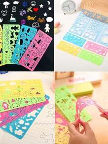Set de 7 plantillas para dibujar Juego de reglas geométricas multifuncionales para herramientas de dibujo Útiles escolares Plantilla de plástico de gran tamaño Conjunto de plantillas para dibujo de patrones Adecuado para estudiantes Dibujo a mano Periódico Dibujo Regalo para niñas y niños