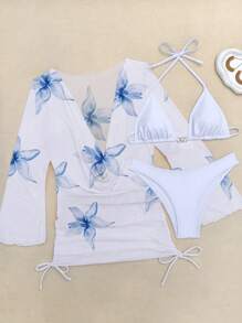 Bộ bikini 3 món đi biển họa tiết hoa, áo hai dây chiffon in họa tiết cúc ngọc trai mùa hè mới, áo ngực và quần lót, có mút độn rời, đồ bơi, váy hè cho nữ, quần áo hè cho nữ - Nhiều màu - Xem 6