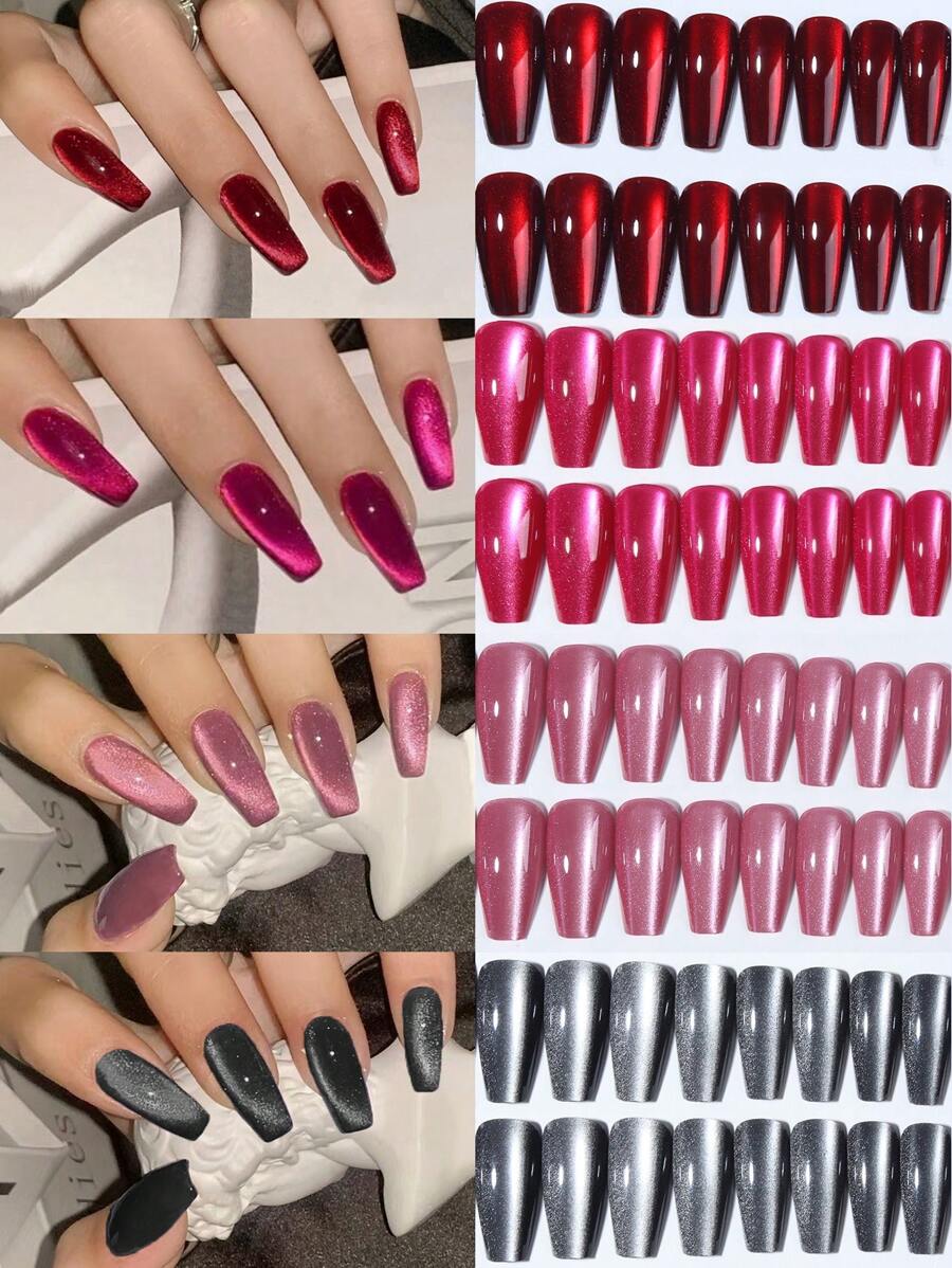 96片/盒（4盒混装）Y2K长棺材形亮面美学血红色水晶猫眼法式美甲贴纸，长指甲设计，完美贴合亚克力假指甲套装，包含：1片果冻胶和1个指甲锉，霓虹粉、黑色、红色猫眼美甲贴纸，适合女性和女孩日常佩戴，也适用于锐舞派对 - 彩色 - 查看 1