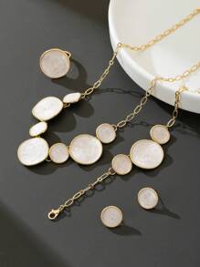 1pc Women White Geometric Pendant Necklace,1pc Bracelet,1pc Ring,1 Pair Earrings, Jewelry Set - White - View 5